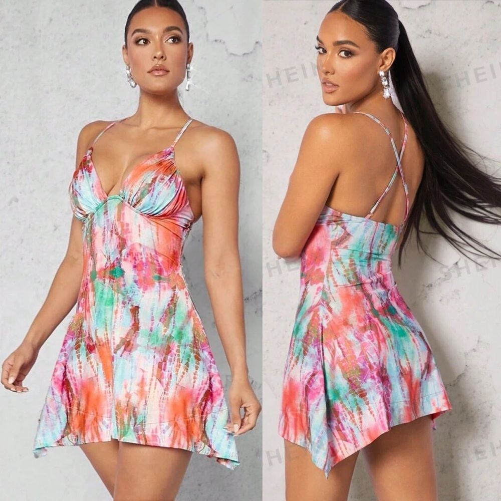 NWT SHEIN BAE Tie Dye Backless Halter Neck Dress Multicolored S Sexy Boho Beach